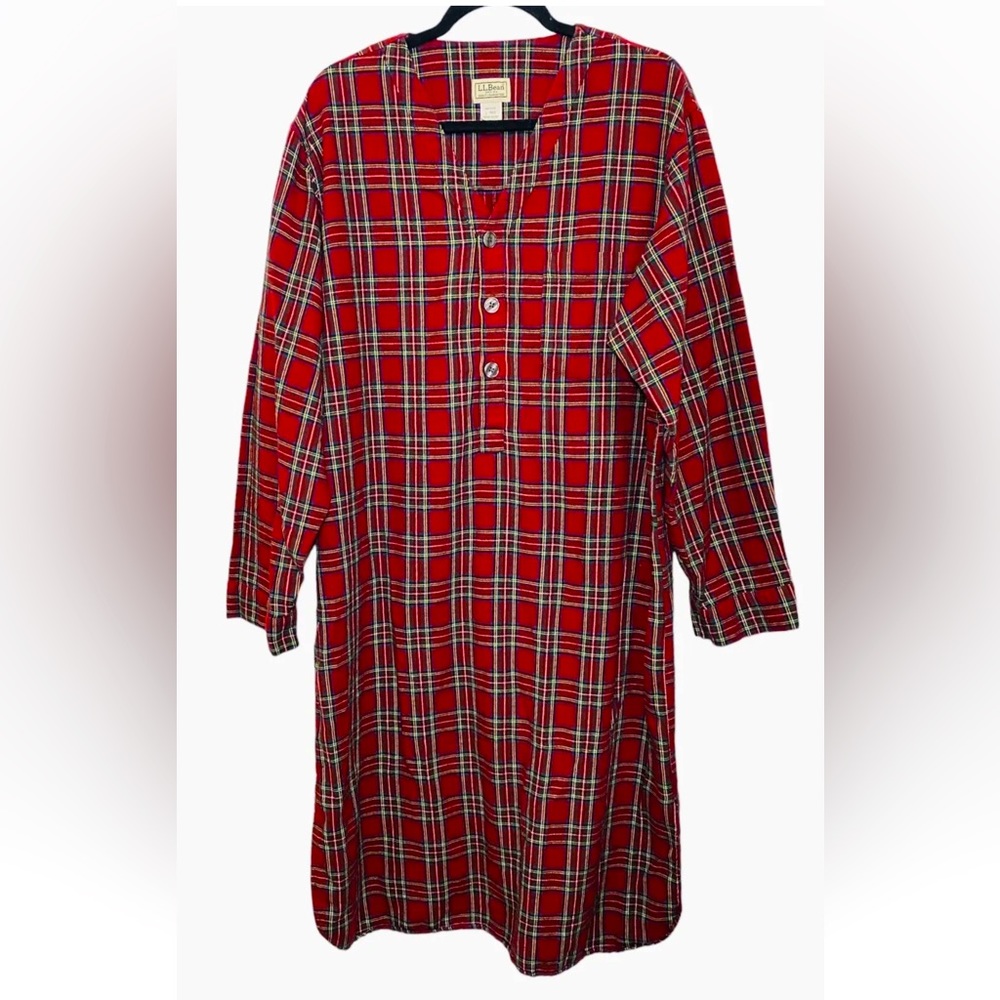 Vtg LL Bean Mens L RED TARTAN Plaid Flannel Night Shirt Sleeping Gown Made
